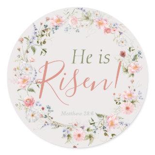 Elegant Botanical 'He is Risen' Christian Easter Classic Round Sticker