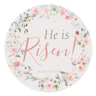 Elegant Botanical 'He is Risen' Christian Easter Classic Round Sticker