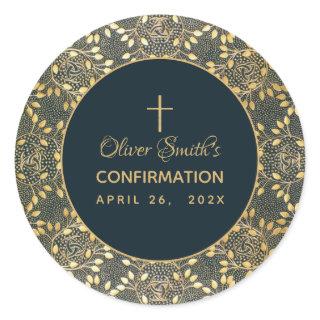 Elegant Boy Confirmation Vintage Gold Leaves Blue Classic Round Sticker