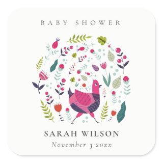 Elegant Bright Folk Farm Floral Birdie Baby Shower Square Sticker