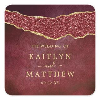 Elegant Burgundy & Gold Agate Wedding Square Sticker