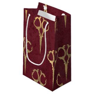 Elegant Burgundy Vintage Golden Scissors Haircut Small Gift Bag