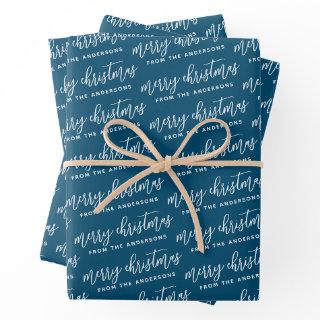 Elegant Calligraphy Merry Christmas Family Teal  Sheets