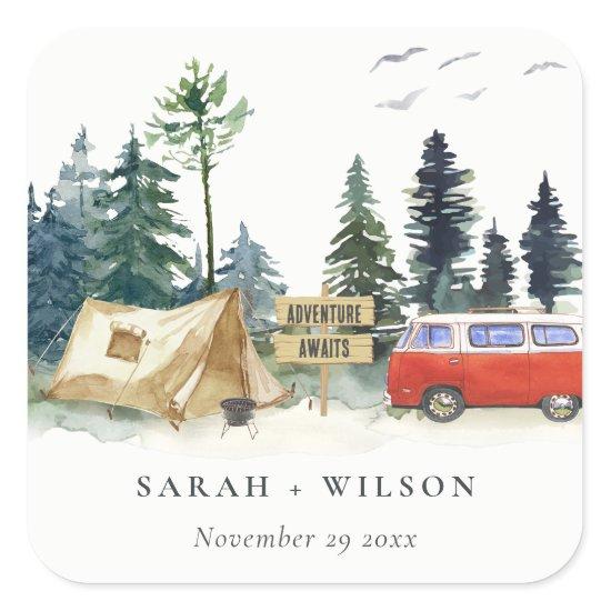 Elegant Camping Watercolor Pine Forest Wedding Square Sticker