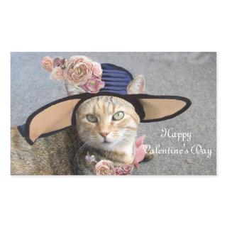 ELEGANT CAT WITH BIG DIVA HAT,PINK ROSES Valentine Rectangular Sticker