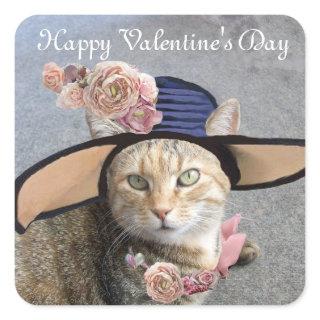 ELEGANT CAT WITH BIG DIVA HAT,PINK ROSES Valentine Square Sticker