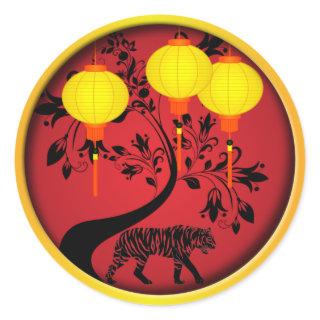 Elegant Chinese New Year Tiger Gold Lanterns Classic Round Sticker