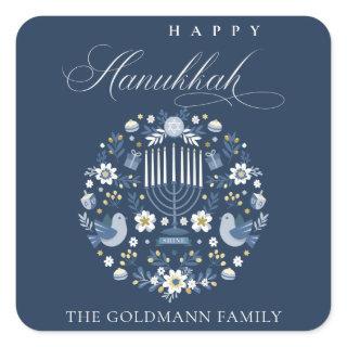 Elegant Classy Navy Blue Happy Hanukkah Floral Square Sticker