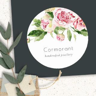 Elegant Clean Pink Green Watercolor Peony Floral Classic Round Sticker