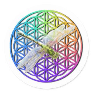 Elegant colorful flower of life dragonfly art classic round sticker