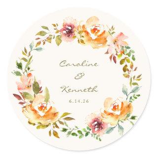 Elegant Colorful Watercolor Floral Wedding Custom Classic Round Sticker