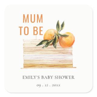 Elegant Cute Boho Orange Fruit Cake Baby Shower Square Sticker