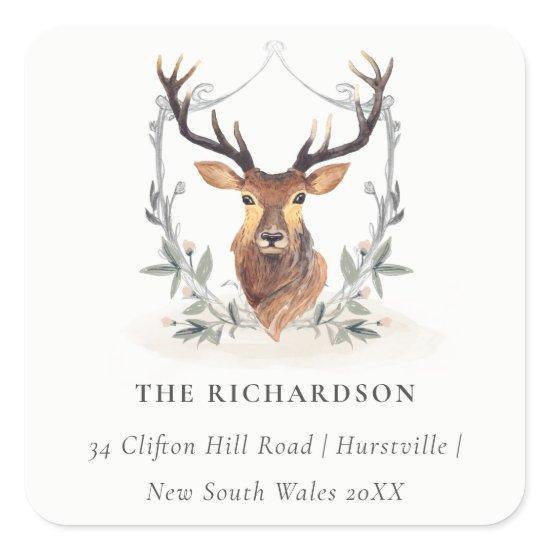 Elegant Cute Dusky Deer Floral Crest Address Square Sticker