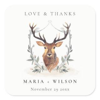 Elegant Cute Dusky Deer Floral Crest Wedding Square Sticker