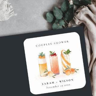 Elegant Cute Fruit Cocktail Orange Couples Shower Square Sticker