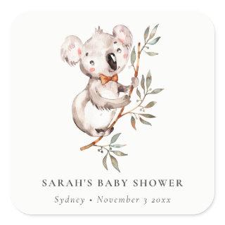 Elegant Cute Sleepy Koala Foliage Baby Shower Square Sticker