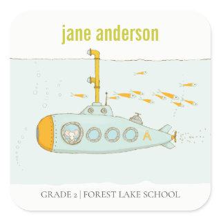 Elegant Cute Underwater Submarine Kids Monogram Square Sticker