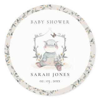 Elegant Cute Yellow Baby Hippo Foliage Baby Shower Classic Round Sticker