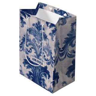 Elegant damask Blue toile de jouy monogram Medium Gift Bag
