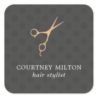 Elegant Dark Dotted Faux Gold Scissor Hair Stylist Square Sticker