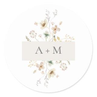 Elegant Delicate Pressed Floral Monogram Wedding Classic Round Sticker