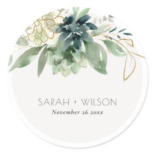 Elegant Dusky Blue Green Succulent Foliage Wedding Classic Round Sticker