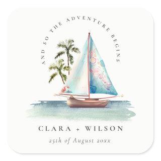 Elegant Dusky Teal Sailboat Palm Seascape Wedding  Square Sticker