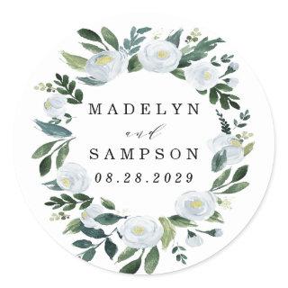 Elegant Dusty Blue Floral Rustic Garden Wedding Classic Round Sticker