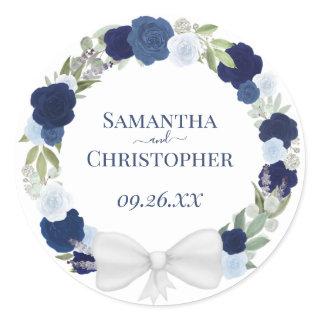 Elegant Dusty Blue & Navy Wreath of Roses Wedding Classic Round Sticker