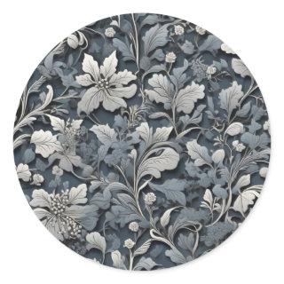 Elegant dusty blue silver white gray floral classic round sticker