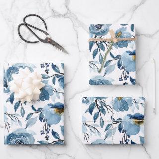 Elegant Dusty Blue White Floral Rose Set of 3  Sheets