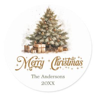 Elegant earthy tones greenery gold Christmas tree Classic Round Sticker