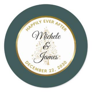 Elegant Emerald Gold Winter Holiday Wedding Classic Round Sticker