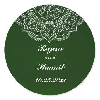 Elegant Emerald Green White Indian Paisley Wedding Classic Round Sticker