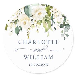 Elegant Eucalyptus White Roses Wedding Thank You Classic Round Sticker