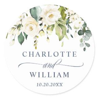 Elegant Eucalyptus White Roses Wedding Thank You Classic Round Sticker