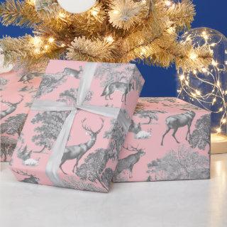 Elegant Festive Toile Fox Deer Rabbit Gray Pink