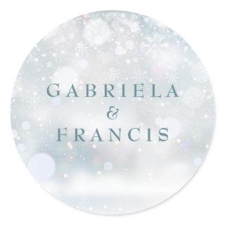 Elegant First Snowflakes Winter Wedding Classic Round Sticker