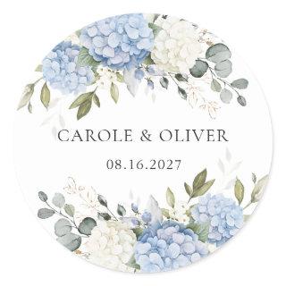 Elegant Floral Blue Hydrangea Greenery Wedding Classic Round Sticker