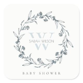 Elegant Floral Laurel Wreath Monogram Baby Shower Square Sticker
