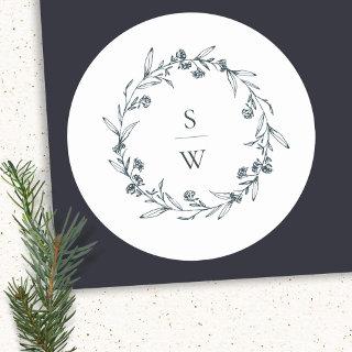 Elegant Floral Laurel Wreath Monogram Wedding Classic Round Sticker
