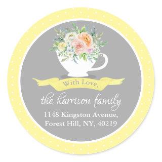 Elegant Floral Teacup Return Address Classic Round Sticker
