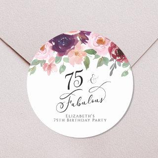 Elegant Floral Watercolor 75th Birthday Party Classic Round Sticker