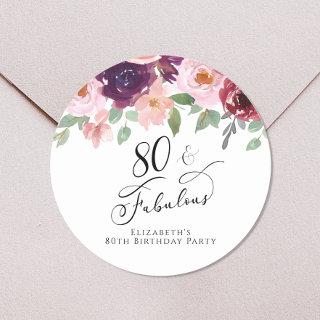 Elegant Floral Watercolor 80th Birthday Party Classic Round Sticker