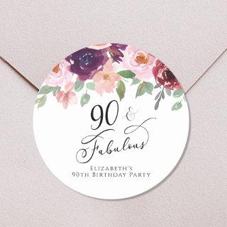 Elegant Floral Watercolor 90th Birthday Party Classic Round Sticker