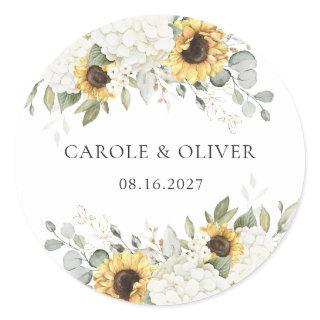 Elegant Floral White Hydrangea Sunflowers Wedding Classic Round Sticker