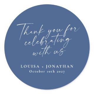 Elegant French Blue Trendy Script Custom Thank You Classic Round Sticker