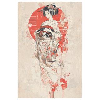 Elegant Geisha in Red Sun - Vintage Japanese Art Tissue Paper