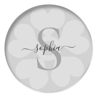 Elegant Girly Floral Silver Gray Monogram Name Classic Round Sticker