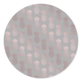 Elegant girly rose gold & grey pineapple pattern classic round sticker